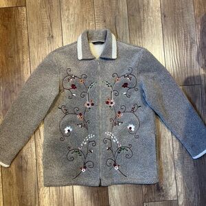 Y2K Tan Floral Embroidered Zip-Up Teddy Jacket